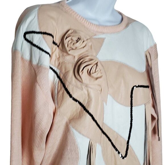 Vintage 80s Knit Leather Sweater M Rosettes Tassels Sequins Abstract Floral Pink - Picture 2 of 5